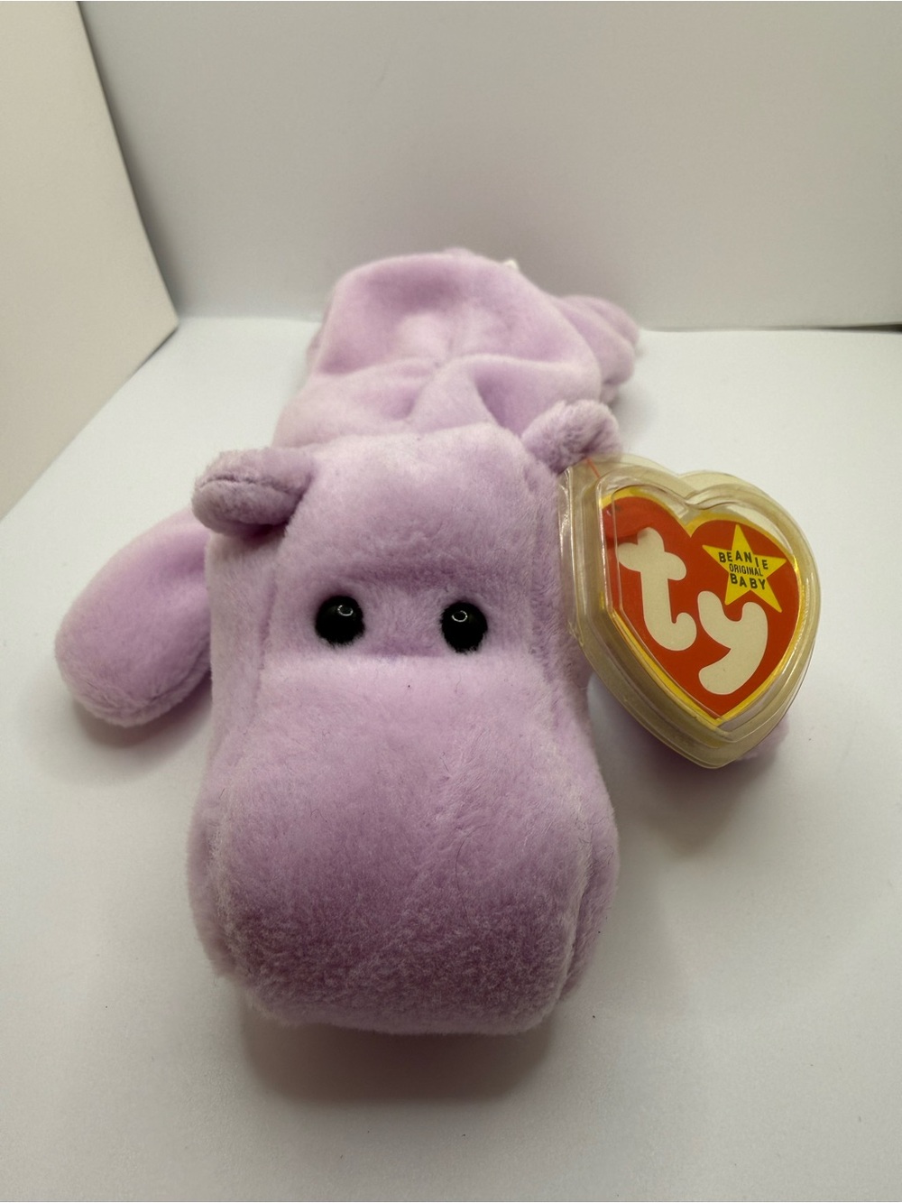 Ty 1993 Lavender Hippo Plush with Heart Tag ( Happy )